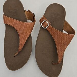 Fitflop Brown Tan Woven Leather Thong Sandals with Buckle Accent